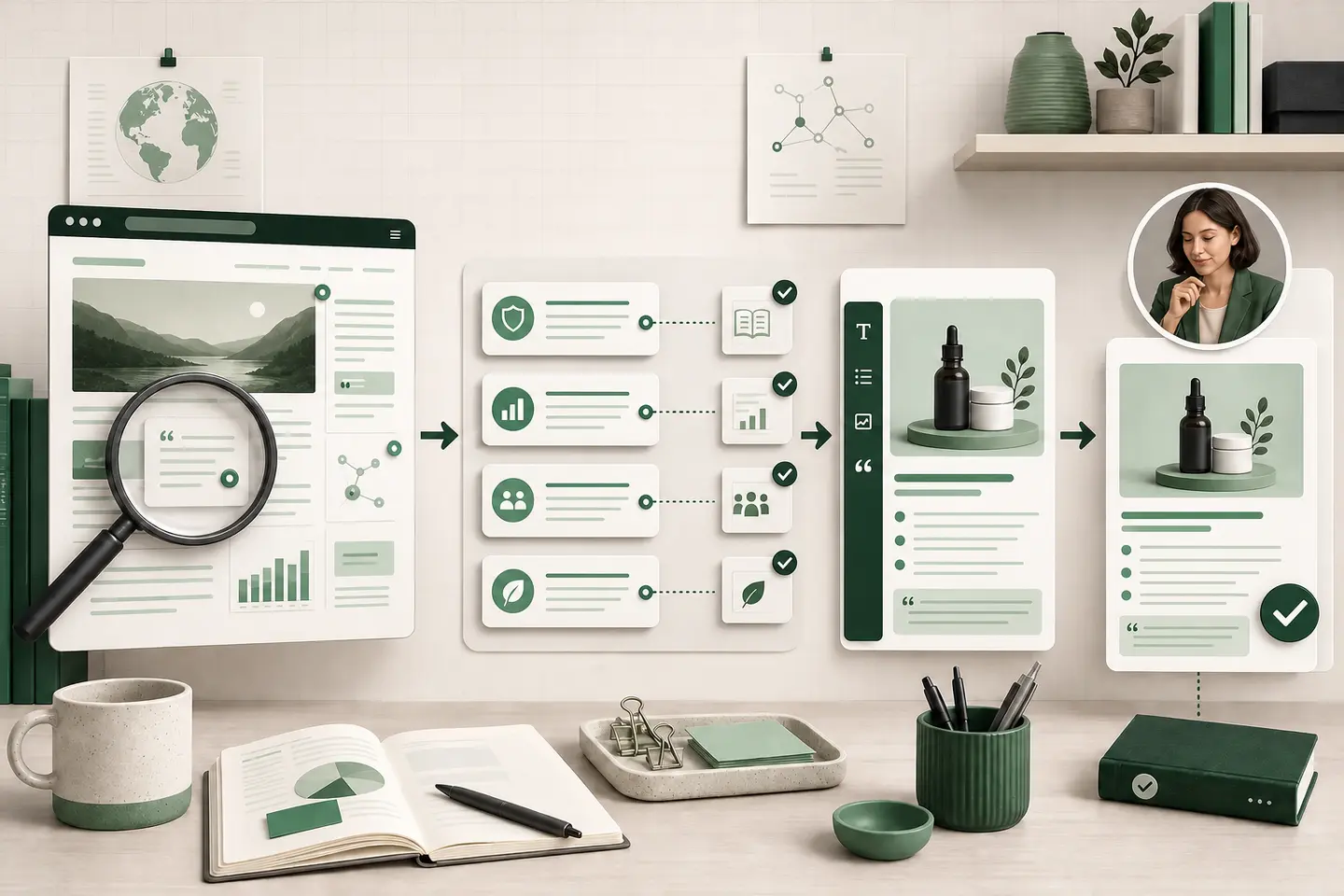 A sequence showing verified evidence cards, an AI-assisted recommendation draft, and a final human approval check