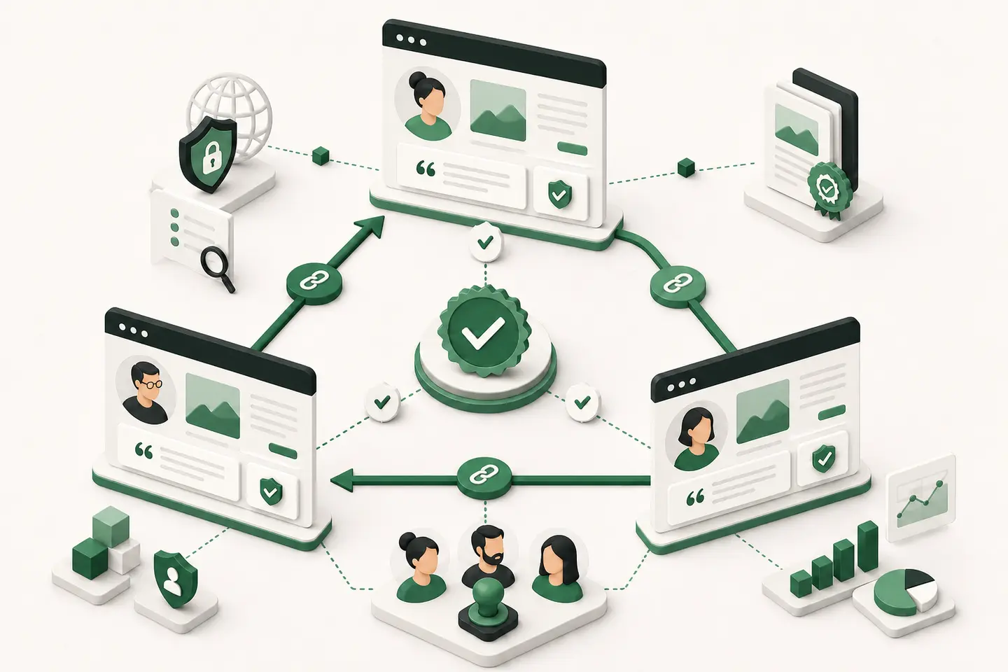 Three independent founders and their products linked by a circular forest-green relay, with verification and approval markers